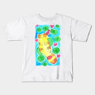 Watercolor Sleepy Lily Pad Tabby Cat Kids T-Shirt